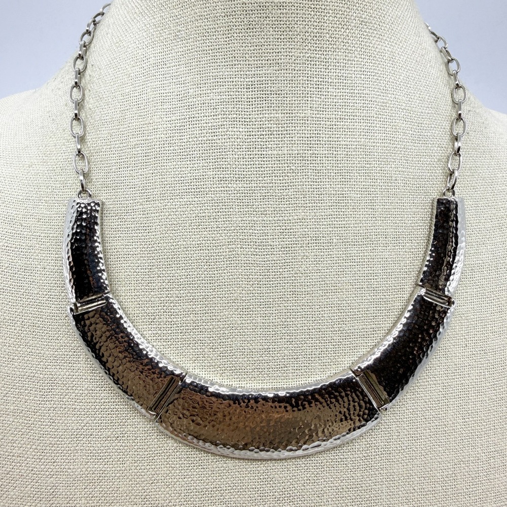 Hammered Silver Tone Crescent Bib Necklace Modern Minimalist Statement Collar